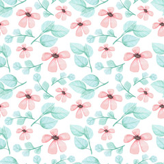 Watercolor Pink Flowers And Green Leaves Seamless Pattern