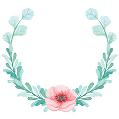 Wreath With Watercolor Pink Flower And Leaves