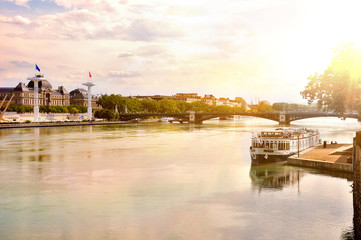 Fototapeta premium General view of the Rhone river at sunset Lyon France