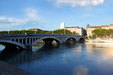 Fototapeta na wymiar Panoramic view bridge Wilson on river Rhone in Lyon France