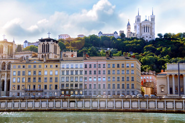 Saone river and Fourviere basilica in the background Lyon France