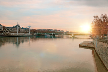 Obraz premium View of the Rhone river at sunset Lyon France