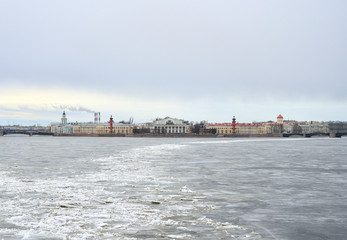 View of Frozen Neva River and Spit of Vasilyevsky Island.