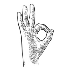 Hand showing symbol okay. Vector black vintage engraved