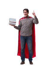 Super hero student with books isolated on white