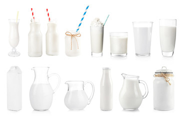 Fresh milk in different dishware on white background