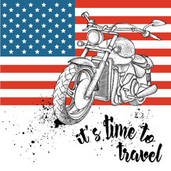 Hand drawn motorcycle on background. Print of USA flag. hand drawn vector illustration