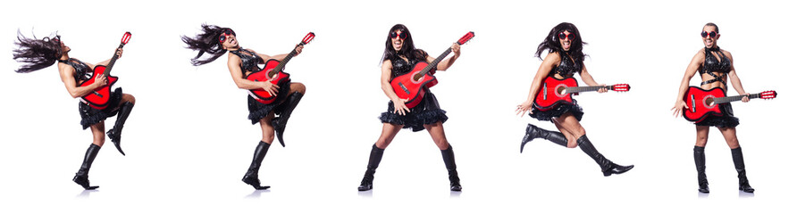 Man in woman clothing with guitar