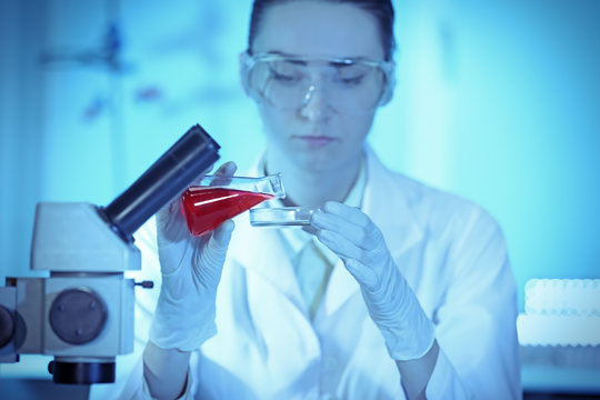 Scientist pouring sample into a Petri dish in laboratory