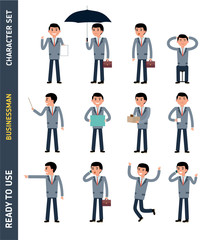 Ready to use character set. Young businessman. Different poses and emotions, running, standing, sitting, walking, happy, angry. Cartoon vector flat-style illustration. White background