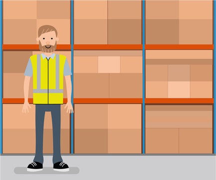 The warehouse worker. he warehouse worker on the background of the display rack with boxes. Cartoon vector flat-style illustration.