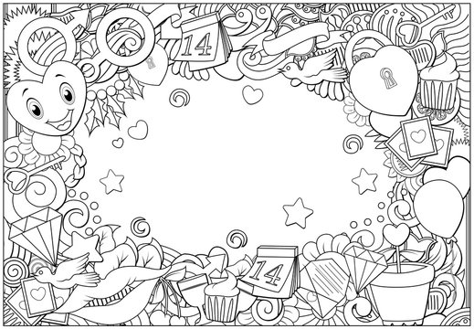 Hand drawn doodles happy valentines day frame background