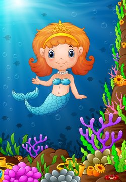 Cartoon funny little mermaid under the sea