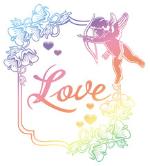 Cupid with bow hunting for hearts. Raster clip art.