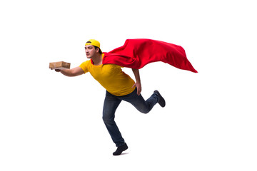 Super hero pizza delivery guy isolated on white
