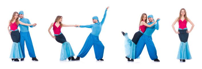 Pair of dancers dancing modern dance isolated on white