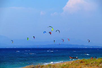 Kitesurfers on the Milos beach in Lefkada