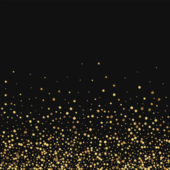 Gold confetti. Scatter bottom gradient on black background. Vector illustration.
