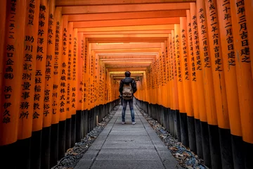 Poster Im Rahmen A walking path leads through a tunnel of torii gates at Fushimi Inari Shrine,An important Shinto shrine in southern Kyoto. It is famous for its thousands of vermilion torii gate © Puripat