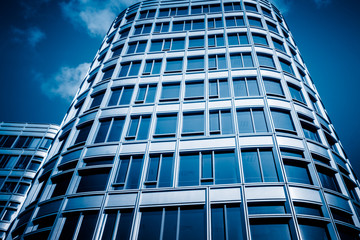Up looking Skyscrapers with skyline in Shanghai financial district.