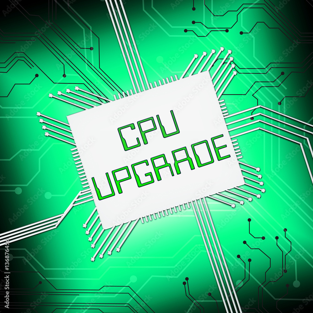 Poster cpu upgrade shows microprocessor update 3d illustration