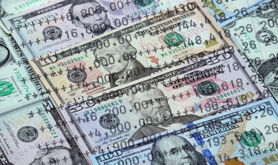 US dollar cash, banknote, coin and bank statement background, finance concept, double exposure