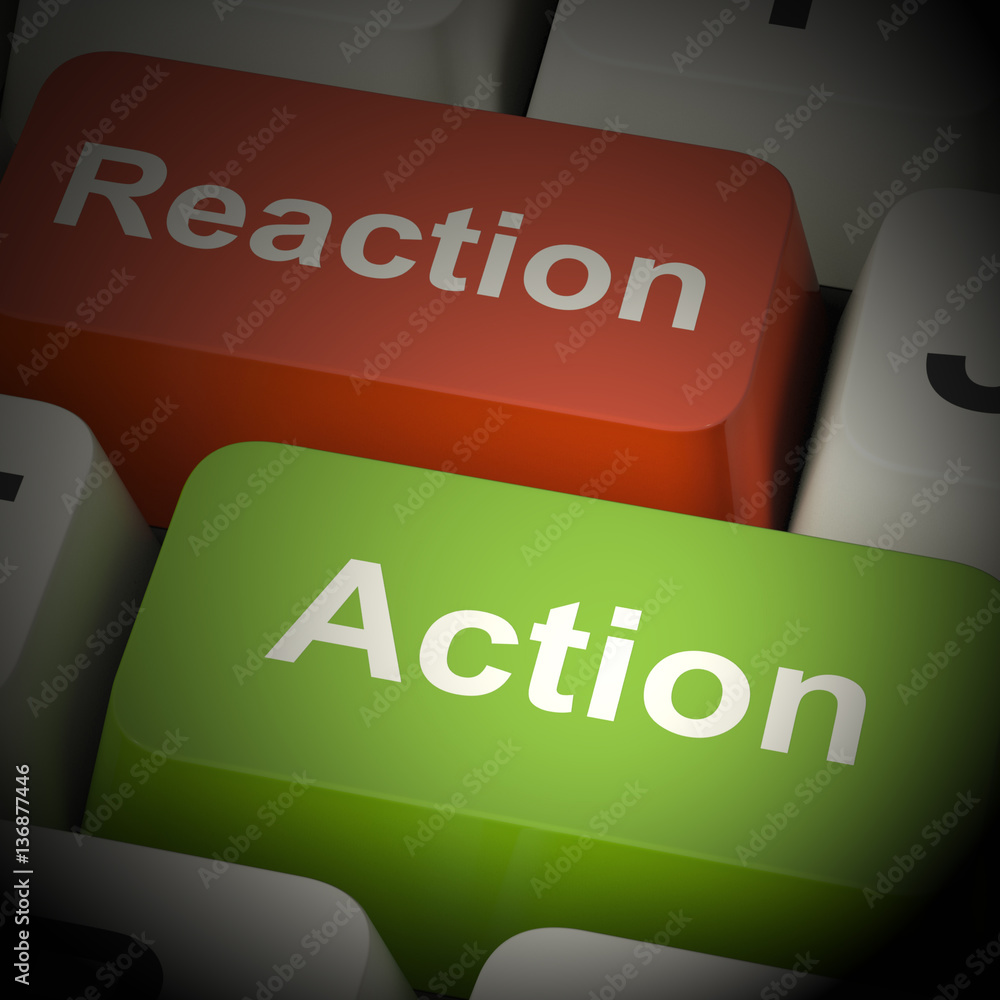 Poster action reaction computer keys showing control 3d rendering