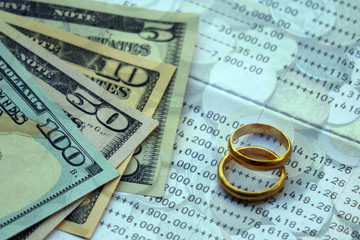 Golden wedding rings on dollar banknotes background. Marriage of convenience. Love and finance...