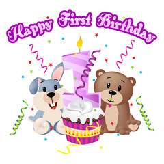Happy First Birthday Shows Happiness Celebrate 3d Illustration