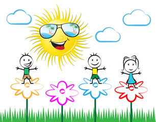 Kids On Flowers And Sunshine 3d Illustration