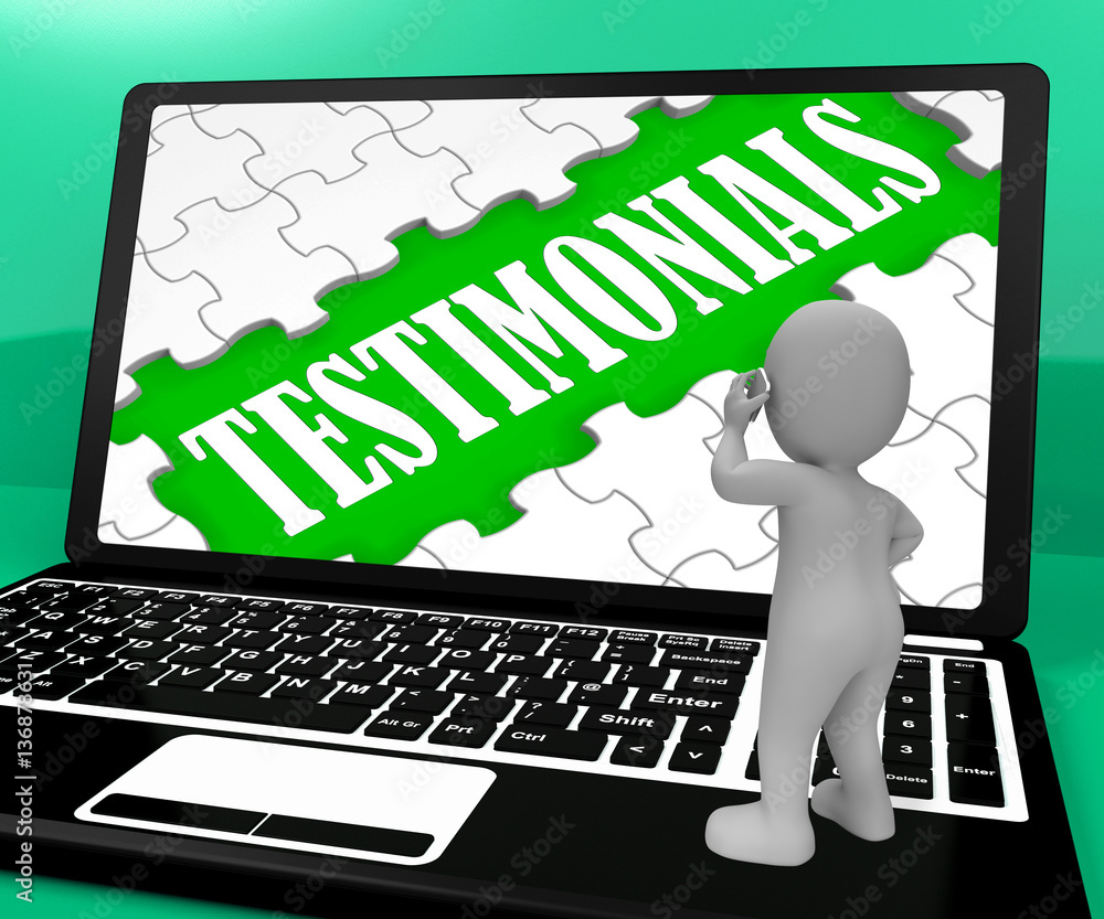 Poster testimonials puzzle on notebook shows credentials 3d rendering