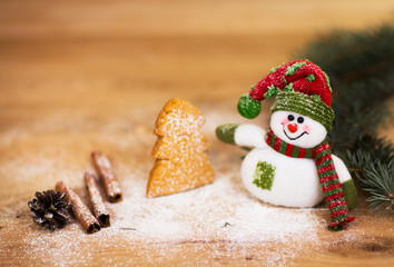 Christmas background with Christmas tree and snowman