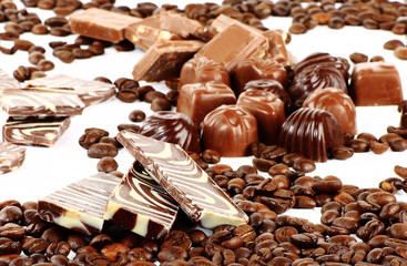 sweet chocolate candies and coffee beans