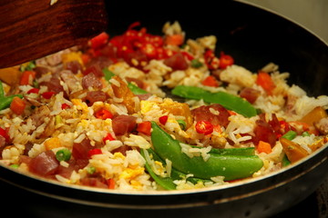 Cooking , Chinese sausage fried rice with mixed vegetable.