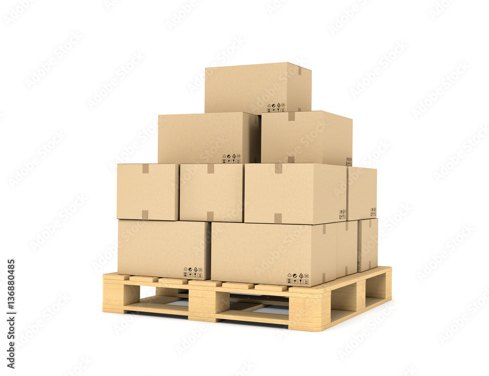 Aufkleber rendering of several carton boxes stacked evenly on a double-decked pallet