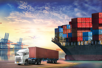 Logistics import export background and transport industry of Container truck and Cargo ship with...