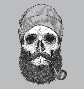 Sailor Sea Captain Hipster Skull With Pipe