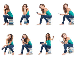 Fototapeta premium Student sitting on stack of books