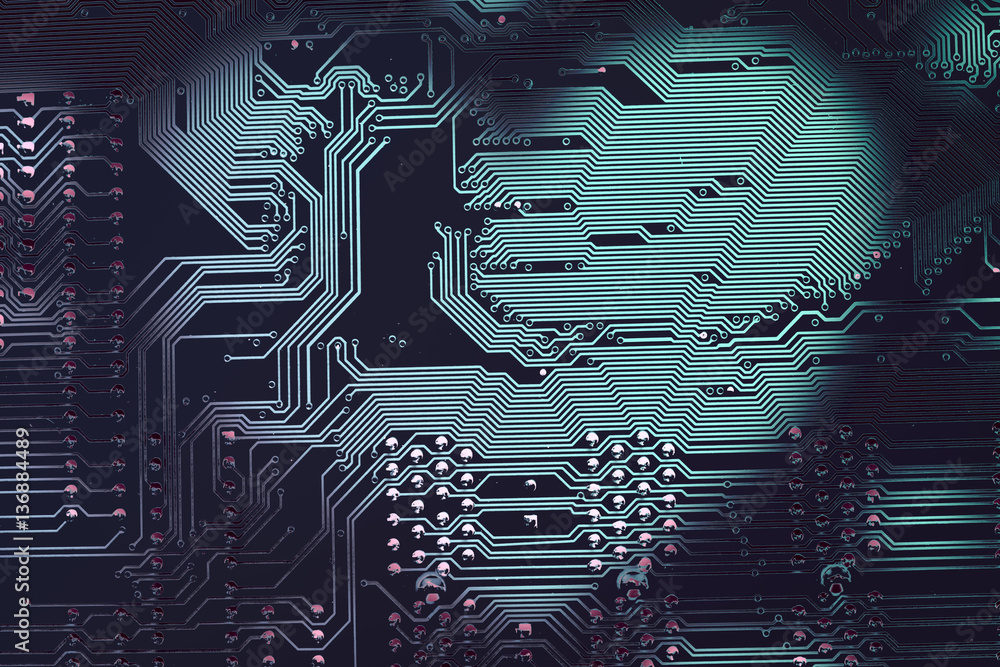 Poster heart shape frame on a printed circuit board as a love technology conceptual background