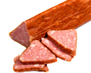Salami smoked sausage slices isolated on white background cutout