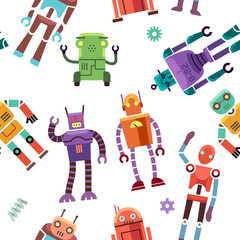 Kids toy robot, humanoid, spaceman, cyborg vector seamless pattern