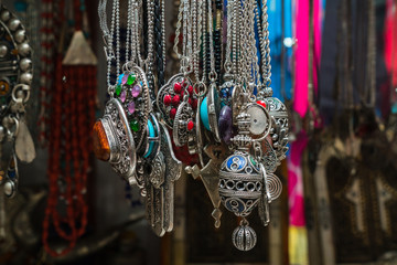Vibrant ethnic necklaces from the village market,morocco
