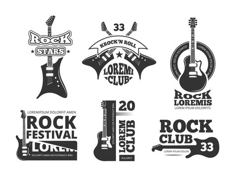 Vintage heavy rock, jazz band, guitar shop, music vector logos and labels set with acoustic guitars