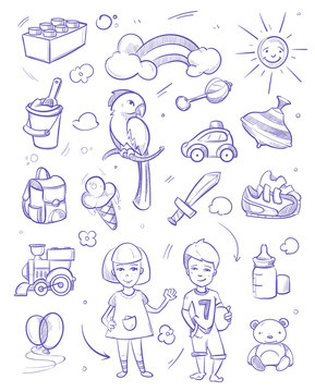 Kids dreams vector background with boy, girl, pets, toys and  other object