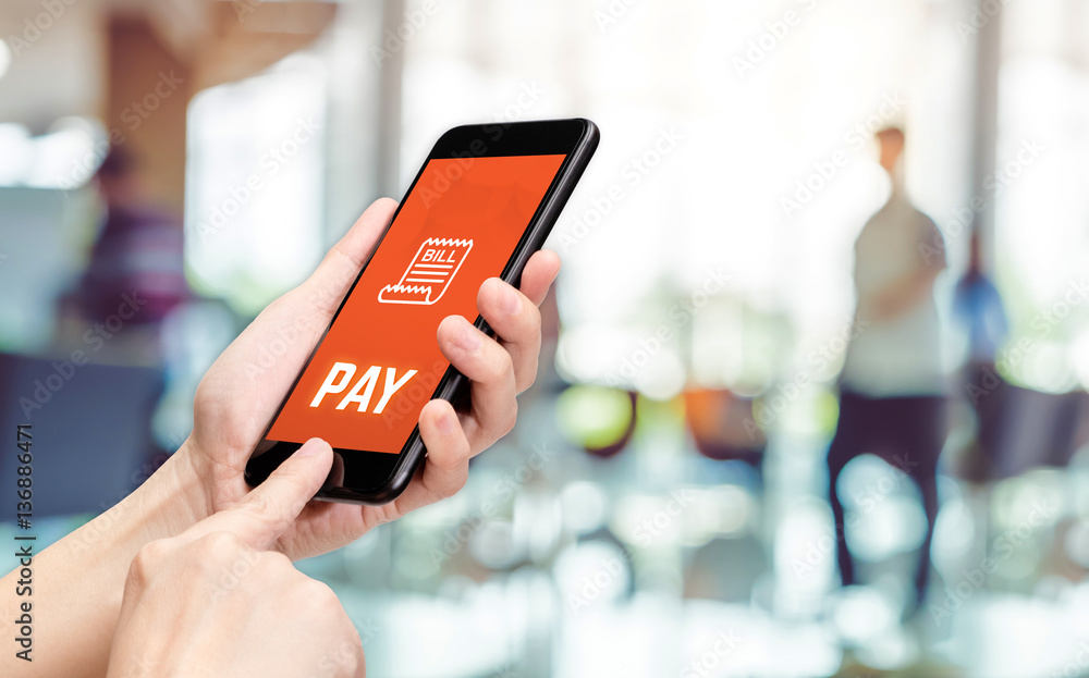 Poster hand holding mobile with pay word and bill icon feature with blu