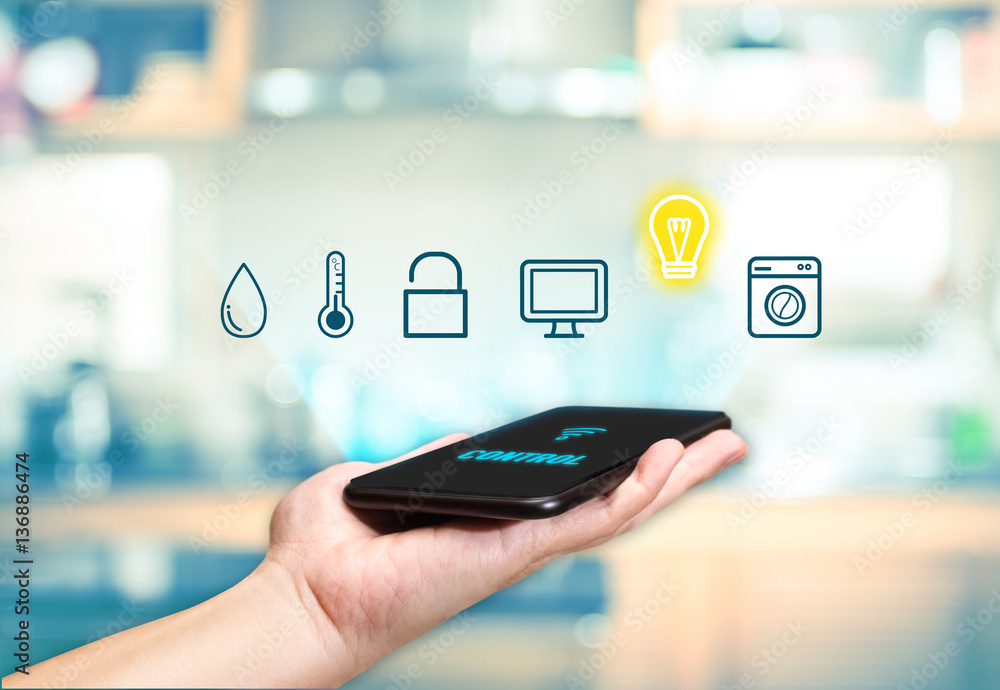 Aufkleber hand holding mobile with smart home control icon feature with bl