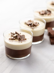 No-bake layered chocolate mousse and cheesecake with chocolate covered wafer cookie crumbs topping. In clear glass dessert bowls. On white background. Great recipe, creamy, light and not too sweet!