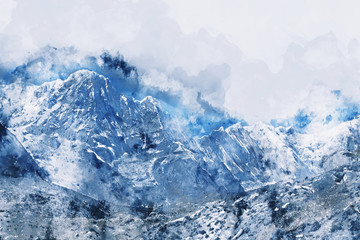 Fototapeta na wymiar Abstract mountains in blue tone, digital watercolor painting