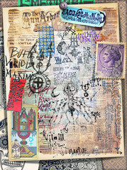 Old fashioned manuscripts with scraps,tarots and mysterious collage