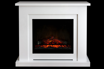 Burning fireplace isolated on black background